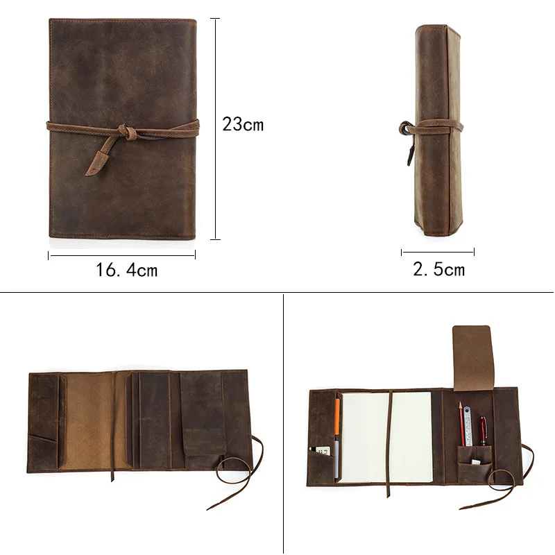 A5 Paper Laptop Notebook Cover Genuine Leather Strap Handmade with Multiple Card Positions Stationery School Office Supplies