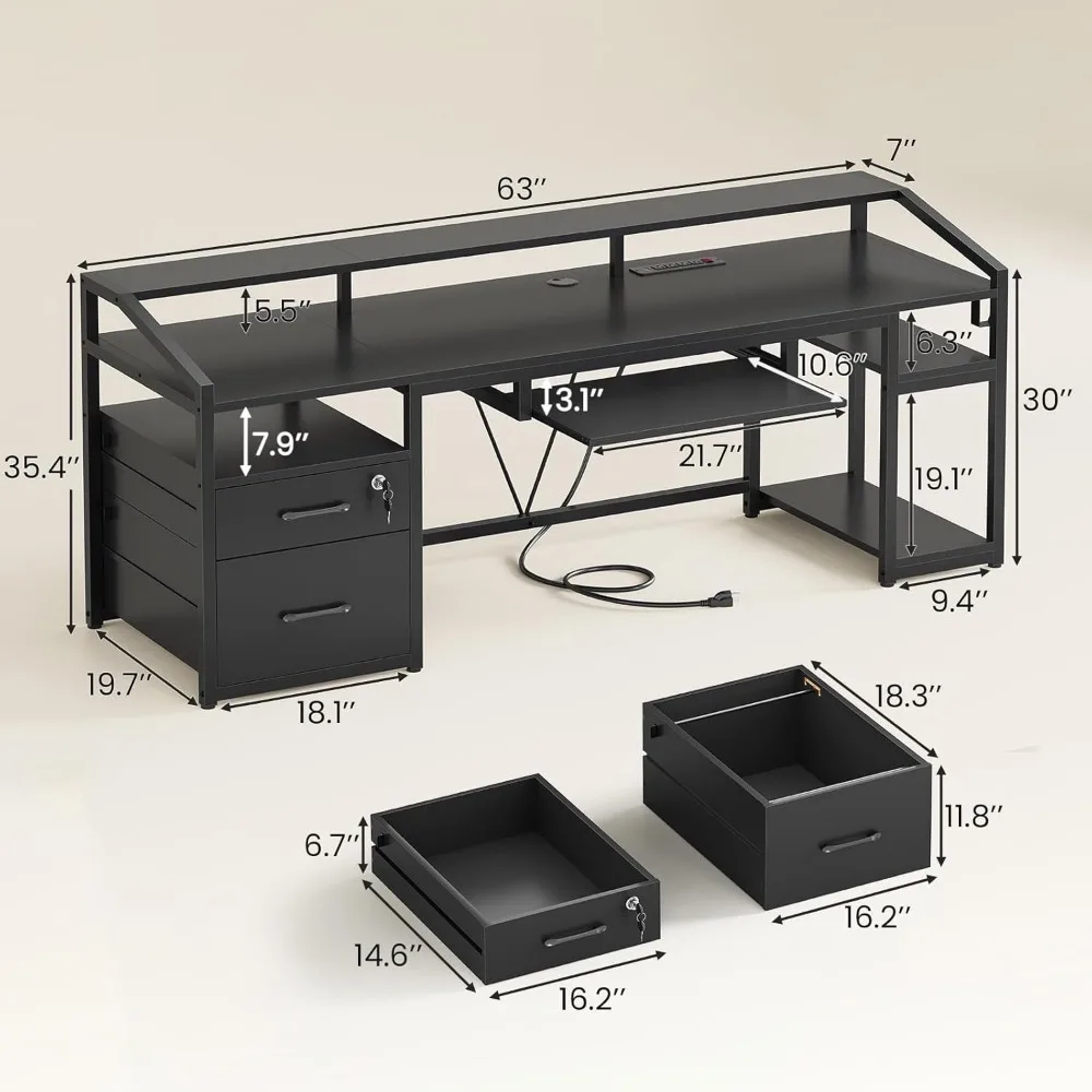 63 Computer Desk, Office Desk with Lockable Drawers for Legal/Letter File, Gaming Desk with LED Lights & Power Outlet, Ho
