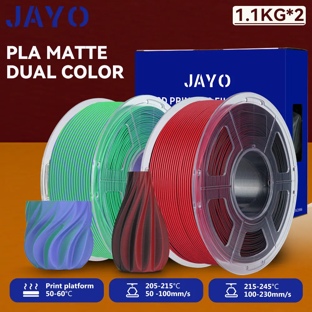 JAYO 2 Rollen 3D PLA Matte/Dual Color Matte PLA Printer Filament 1.75mm Netjes Wond & Matte Afwerking Print met 99% FDM 3D Printer