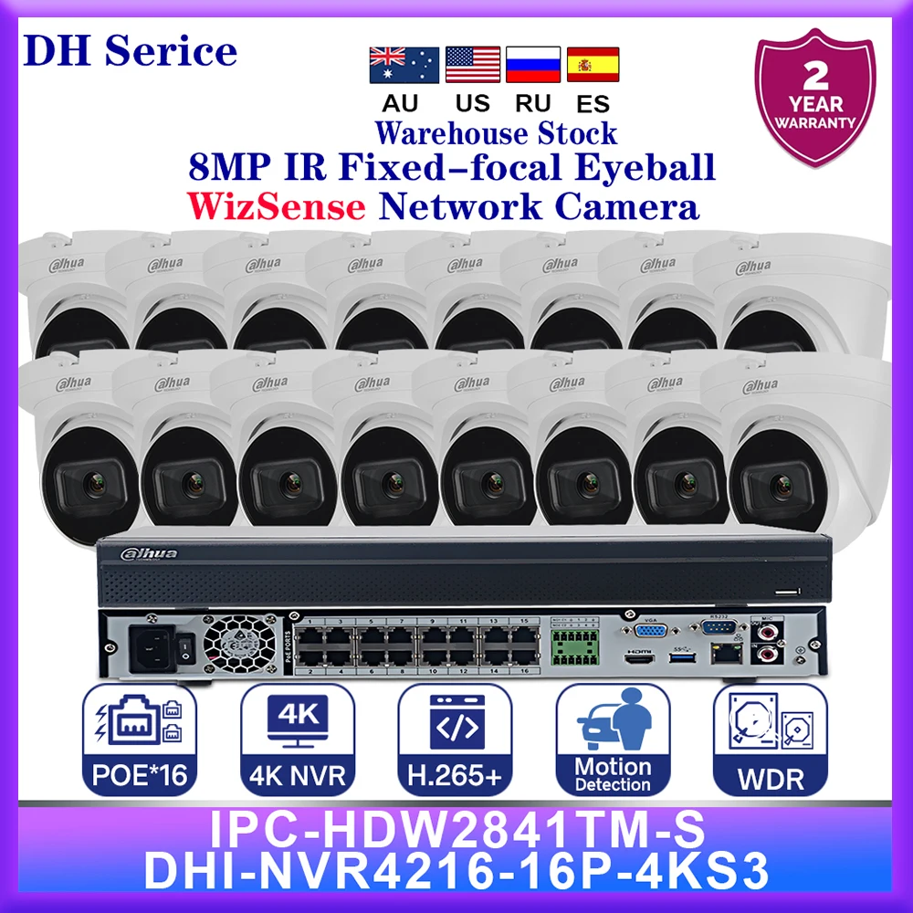 Dahua Serice 8MP 16PCS IPC-HDW2841TM-S IR Fixed-focal Eyeball WizSense Network Camera 16ch 16poe DHI-NVR4216-16P-4KS3 NVR Kits