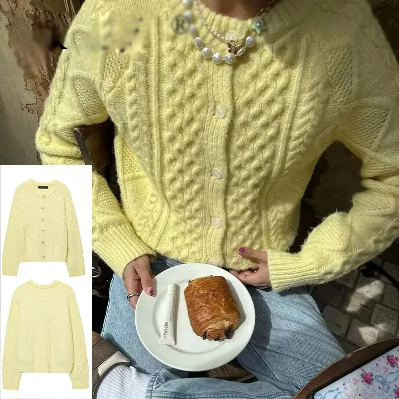 

2025 Female Yellow Sweater Cardigan Lazy Swishing Long Sleeve Single-breasted Knitted Coat Woman Autumn Fashion Chic Tops