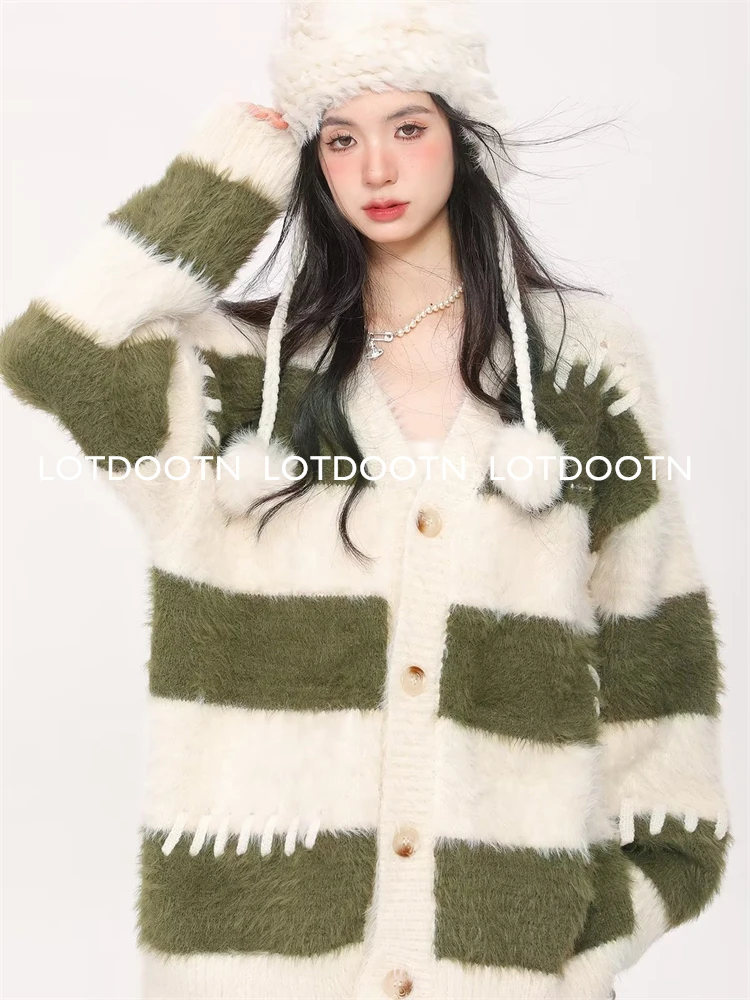 LOTDOOTN Y2k Knitted Cardigan Women Striped Sweaters Elegant Solid Fur Cardigan Harajuku V-Neck Women Sweater Jacket Streetwear