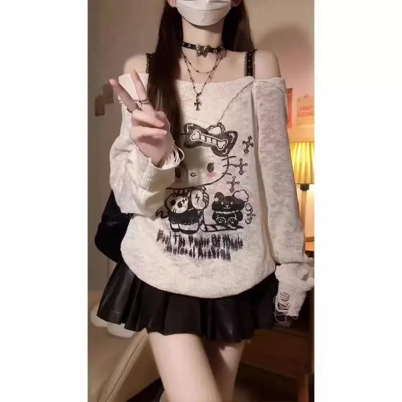 Hot Sanrio Girl Leisure Time Sweater Spring T-Shirt Kawaii Hello Kitty Comic Sunscreen Versatile Strapless Lining Tops New Kit