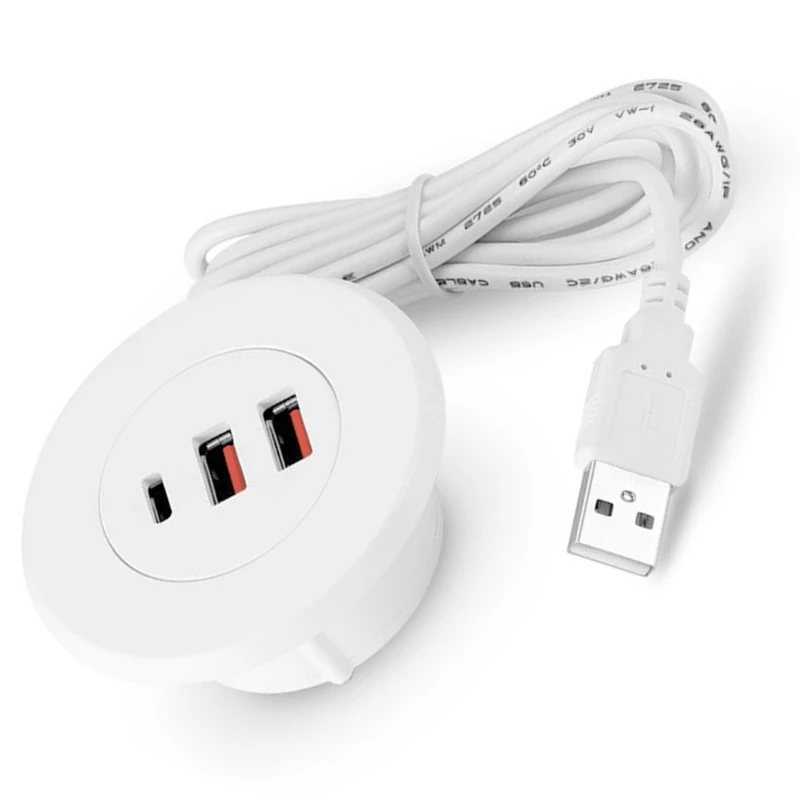 Office Desk Embedded USB Round Hole Two USB Type C Hub Multipurpose Dropship