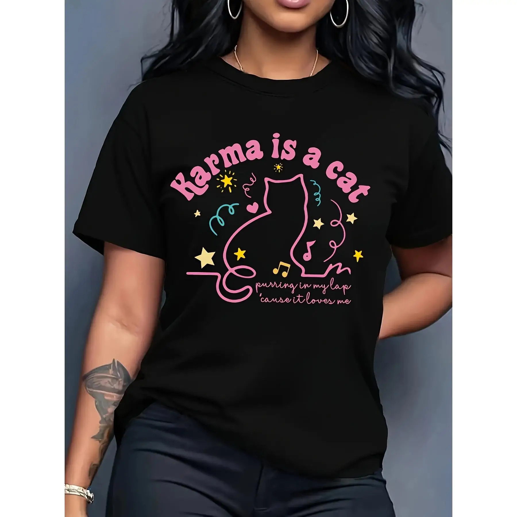 

Women's Casual T-Shirt - Short Sleeve, Round Neck, Black With Colorful Kitten & Letter Print, Lightweight & Breathable For Sprin