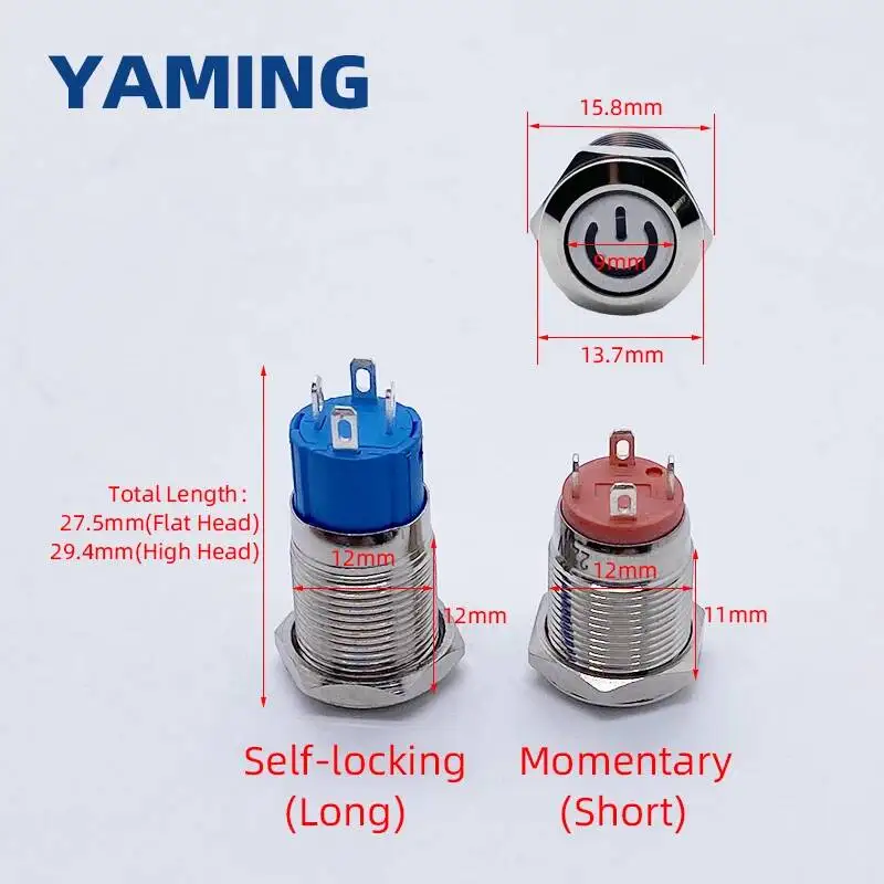 12mm Metal Push Button Switch Momentary/Latching Waterproof 4 Pins LED Bulb Night Light Flat/High Round Self-locking Reset Type