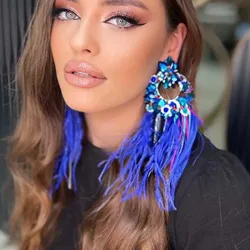 Stonefans Blue Feather Geometric Earrings Women 2024 Chunky Statement Dangle Wedding New Exaggerate Accessories Jewelry Earrings