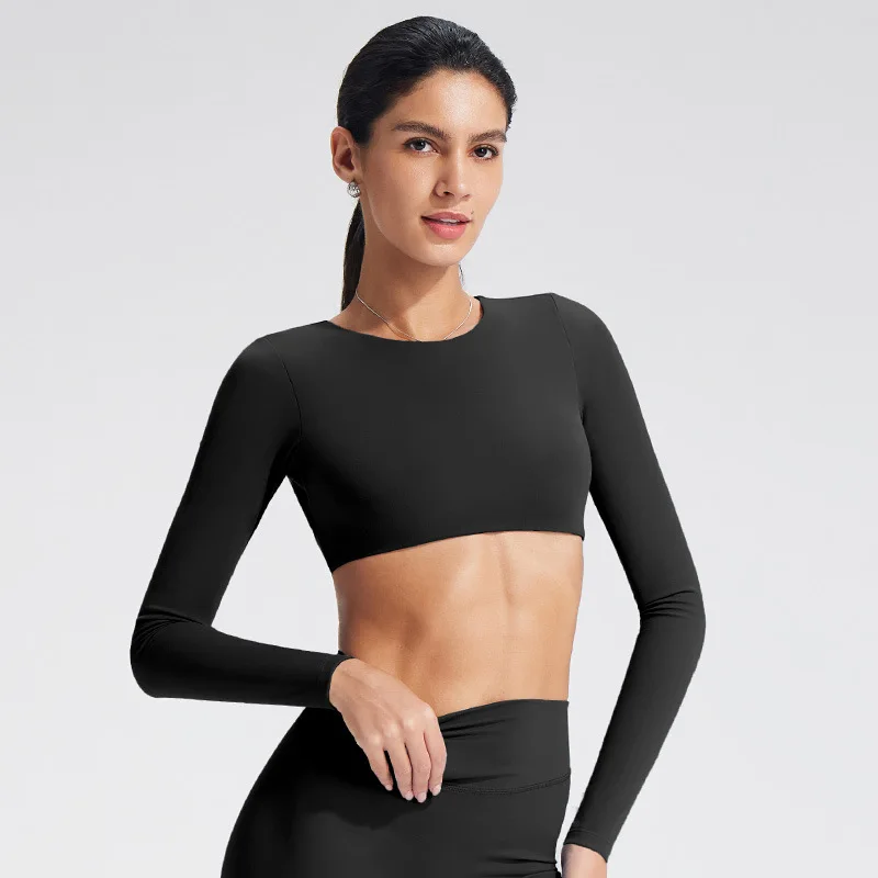 NCLAGEN-Top de Yoga con sujetador incorporado, ropa de gimnasio de manga larga para mujer, camiseta de entrenamiento sin espalda, camiseta de Fitness transpirable de alta elasticidad