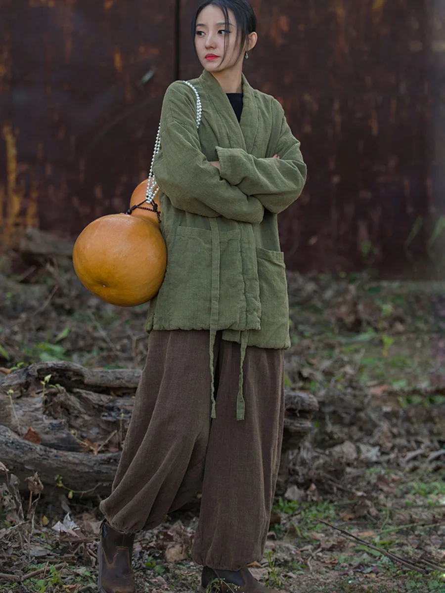 Chaqueta de algodón Hanbok con costuras para mujer, abrigo cálido holgado con cordones y cuello en V estilo kimono para otoño e invierno, chaqueta acolchada informal de longitud media