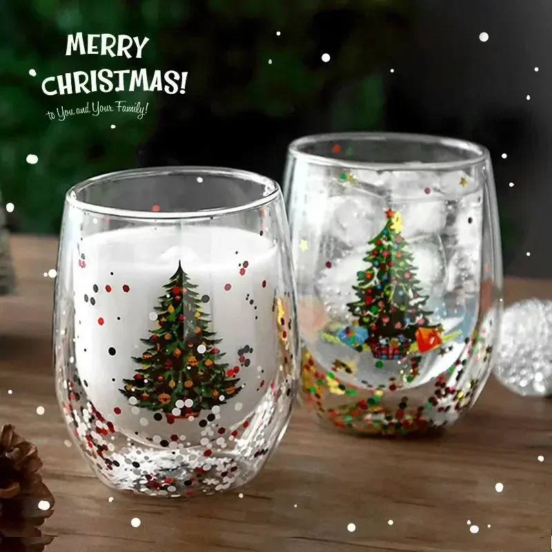 Christmas Double Wall Glass Cup Heat-resistant Water Cup Christmas Tree Snowman Pattern Juice Tea Milk Coffee Mug Xmas Gift