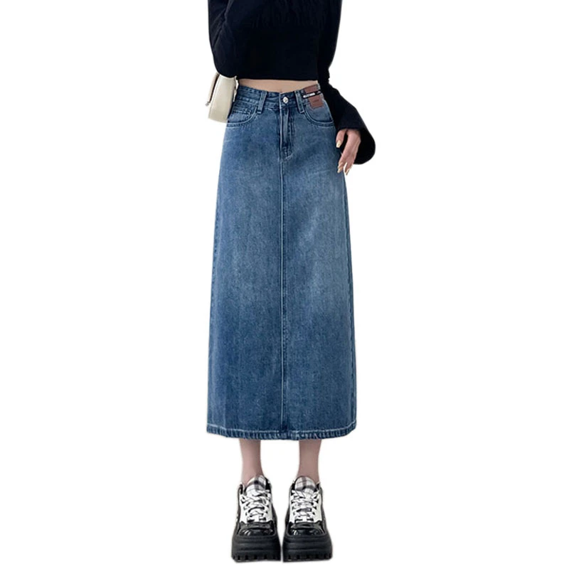 Vintage denim half-body skirt female summer 2024 new high-waisted design sense opening package hip mid-length skirt