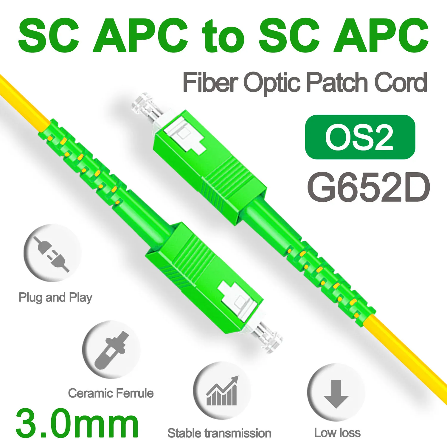 SC APC 광섬유 패치 점퍼 케이블, 3.0mm OS2 코드, 단일 모드 심플렉스, 1m 3m 5m PVC G652D SM 1310/1550nm FTTH