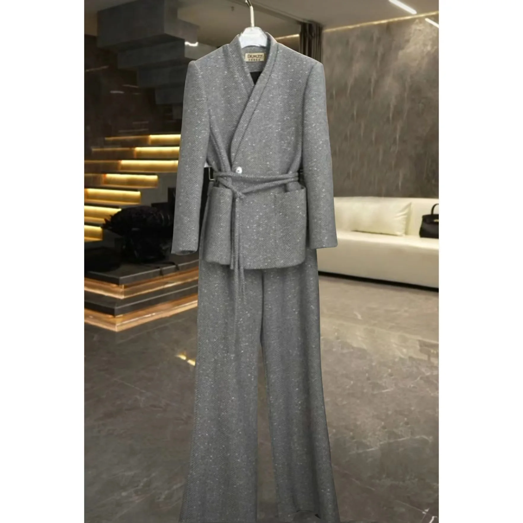 Commuter Two-Piece Suit Gray Long Sleeve Single Buckle Lace-up Top Loose Straight Trousers Pants Outfits for Women 2 Piece Sets