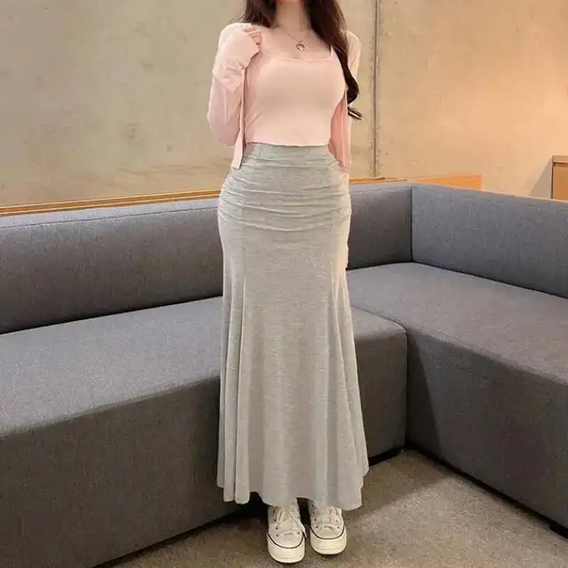 Korea New Elegant Slim Ruched Bodycon Mid-Length Versatile Mermaid Hem Half-Length Fashion Sexy Women Long Skirts 2026 New 5H09
