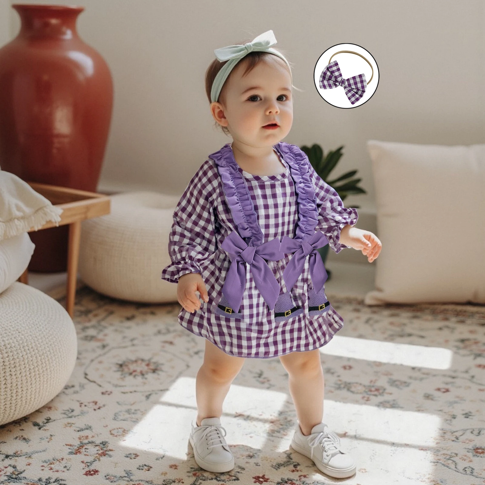 

Baby Clothing Girl Halloween Outfit Plaid Witch Hat Embroidery Long Sleeve Romper Dress and Bow Headband 2 Pcs Set