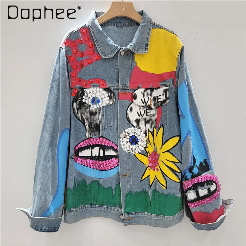 

2025 Autumn New Denim Jacket Long Sleeve Women's Heavy Industry Fun Hand-painted Graffiti Beads Loose Denim Top Jacket