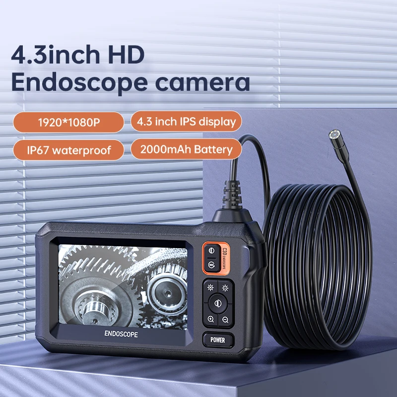 Kamera endoskop industri 4.3 inci layar IPS 8mm HD1080P IP67 tahan air 8 lampu LED inspeksi Borescope untuk pipa mobil perbaikan