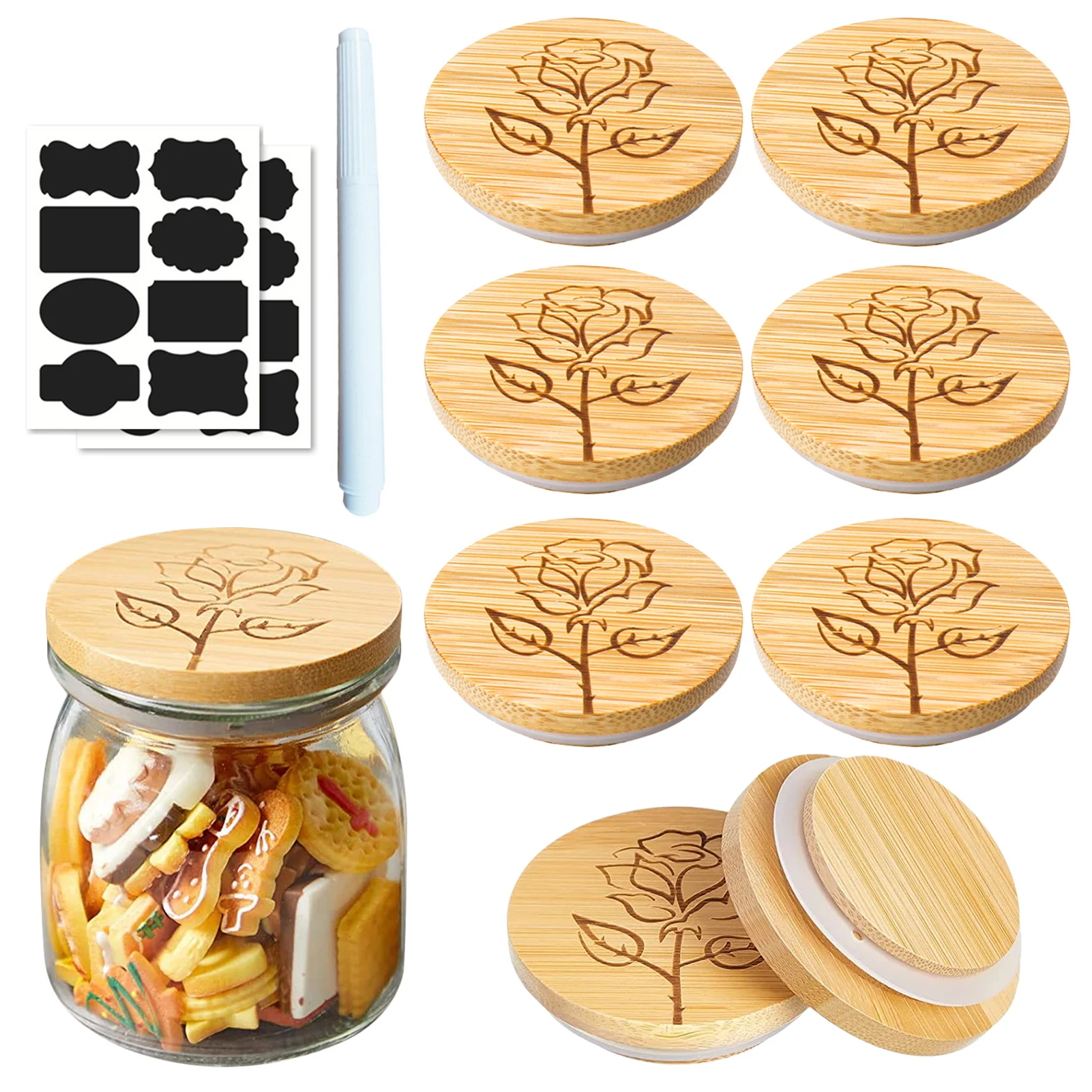 

6/9pcs Yogurt Jar Lids Set Rose Pattern Bamboo Lids Glass Jars Lids With Silicone Sealing Rings For Airtight Storage With Labels