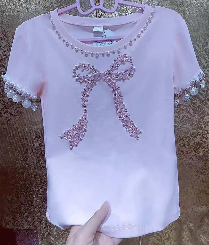 

Luxury Beaded Sequins Embroidery Cotton T-shirt Tees Slim Fit T Shirts Short Sleeve Tops Women Clothes Korean Popular Clothes