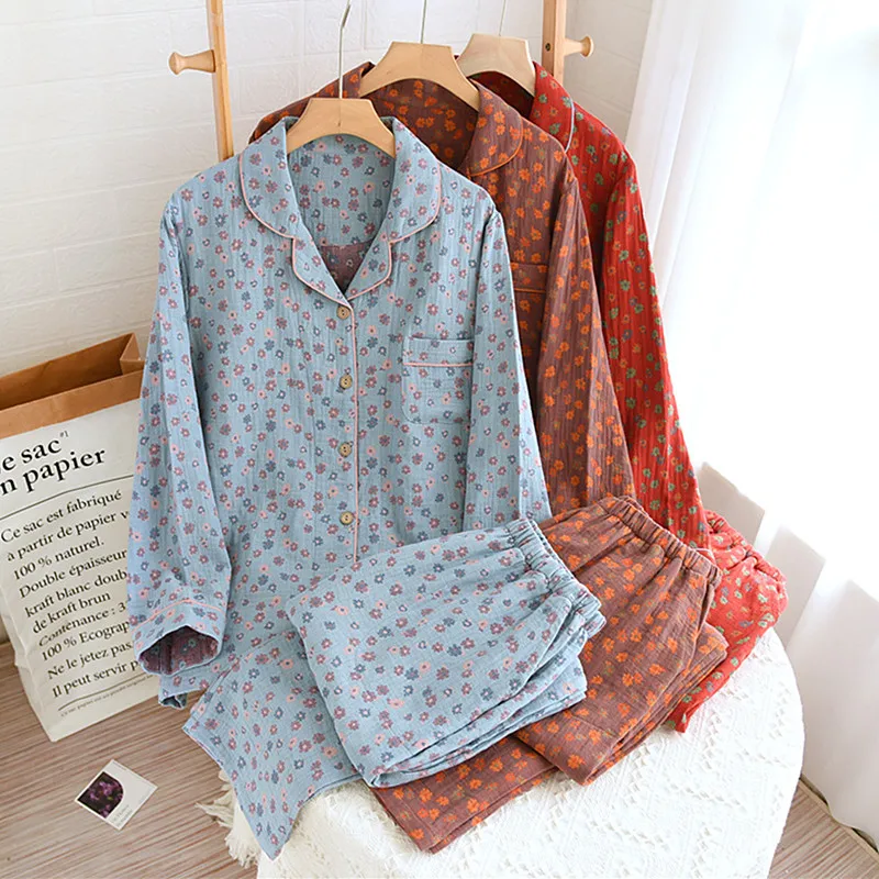 Pajama Sets Women Vintage Printed 100% Cotton Nightwear Loungewear Pyjamas Femme Long Sleeve Autumn Winter Sleepwear Home Suit