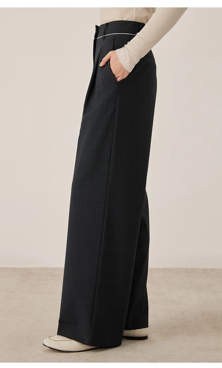 KL9523338 Hoch taillierte Hose aus Wollmischung mit weitem Bein für Damen, plissierte Vorderseite, Herbstmode, Damenbekleidung – Detail 11
