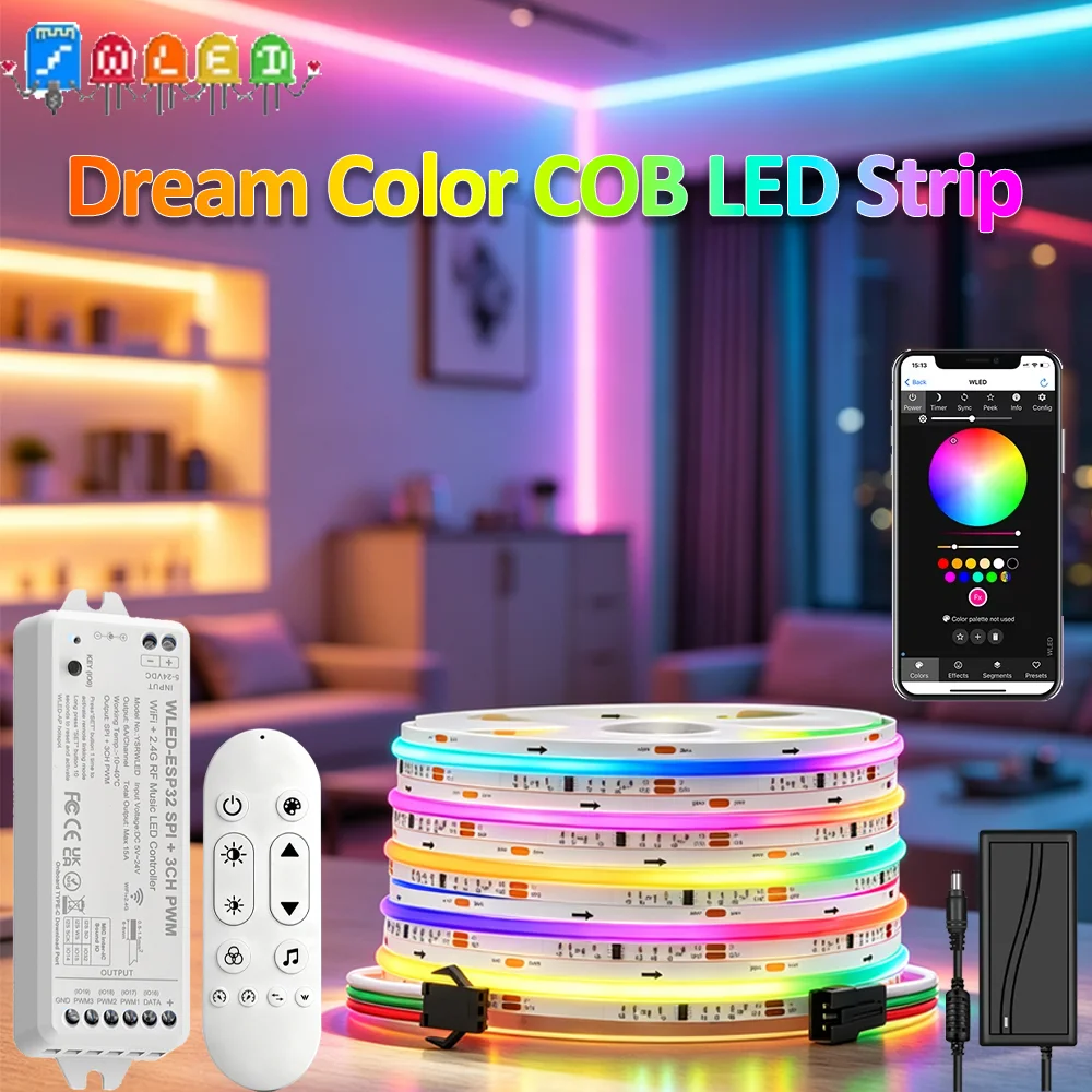 WLED ESP32 WiFi LED Dimmer 24V SPI COB RGBIC LED Strip Light Pixel WS2811 Addressable Dream Color Dimmable FOB Light with Remote