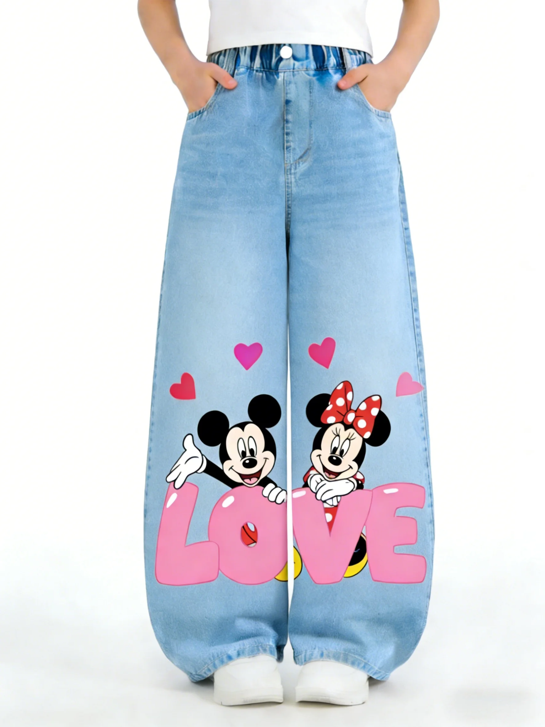 

Disney Girls' Jeans Mickey and Minnie Thermal High-Stretch Adjustable Waist Children's Flared Pants