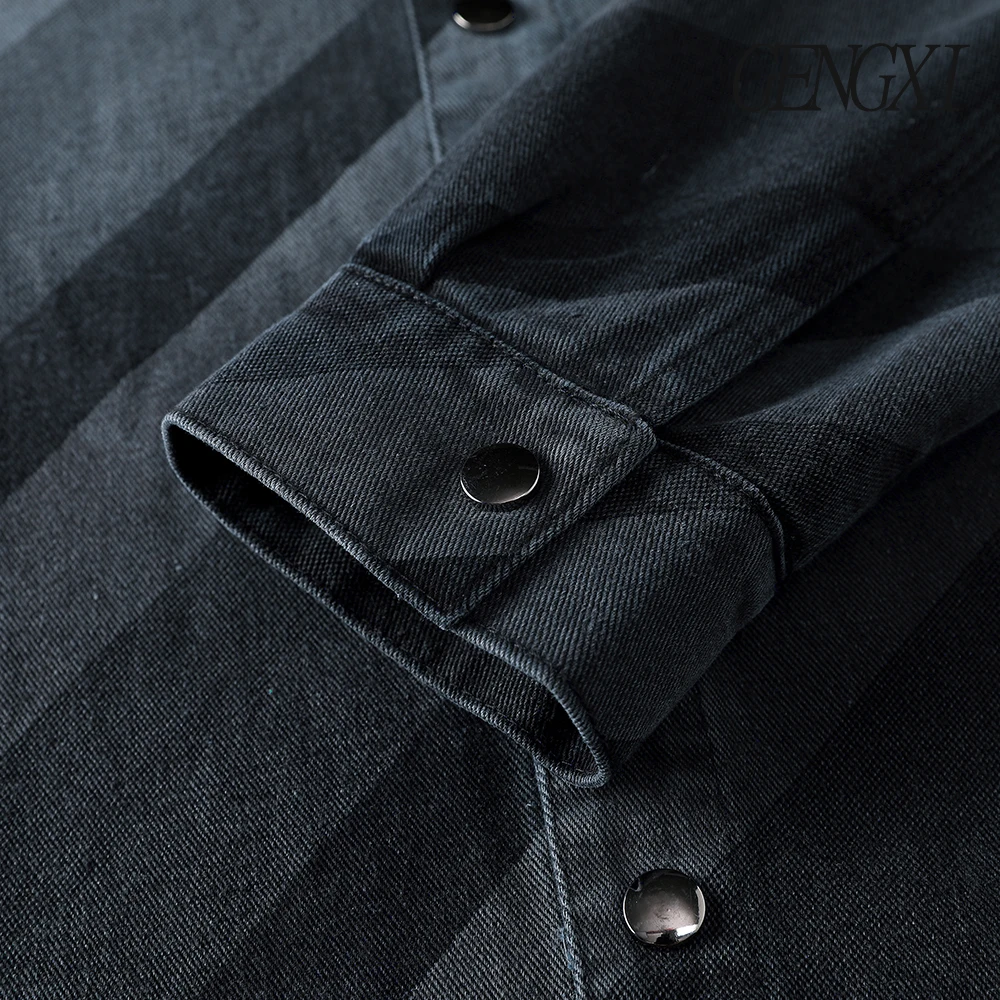 Jaket Denim Pria Desain Garis Gradien Musim Gugur/Musim Dingin Baru Jaket Kemeja Berkerah Single-Breasted Pakaian Pria Vintage