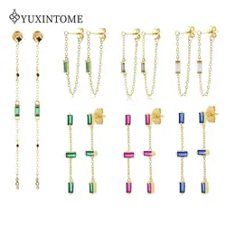 925 Sterling Silver Ear Needle Square Zircon Chain Pendant Stud Earrings For Women Tassel Earrings Fashion Wedding Jewelry Gifts