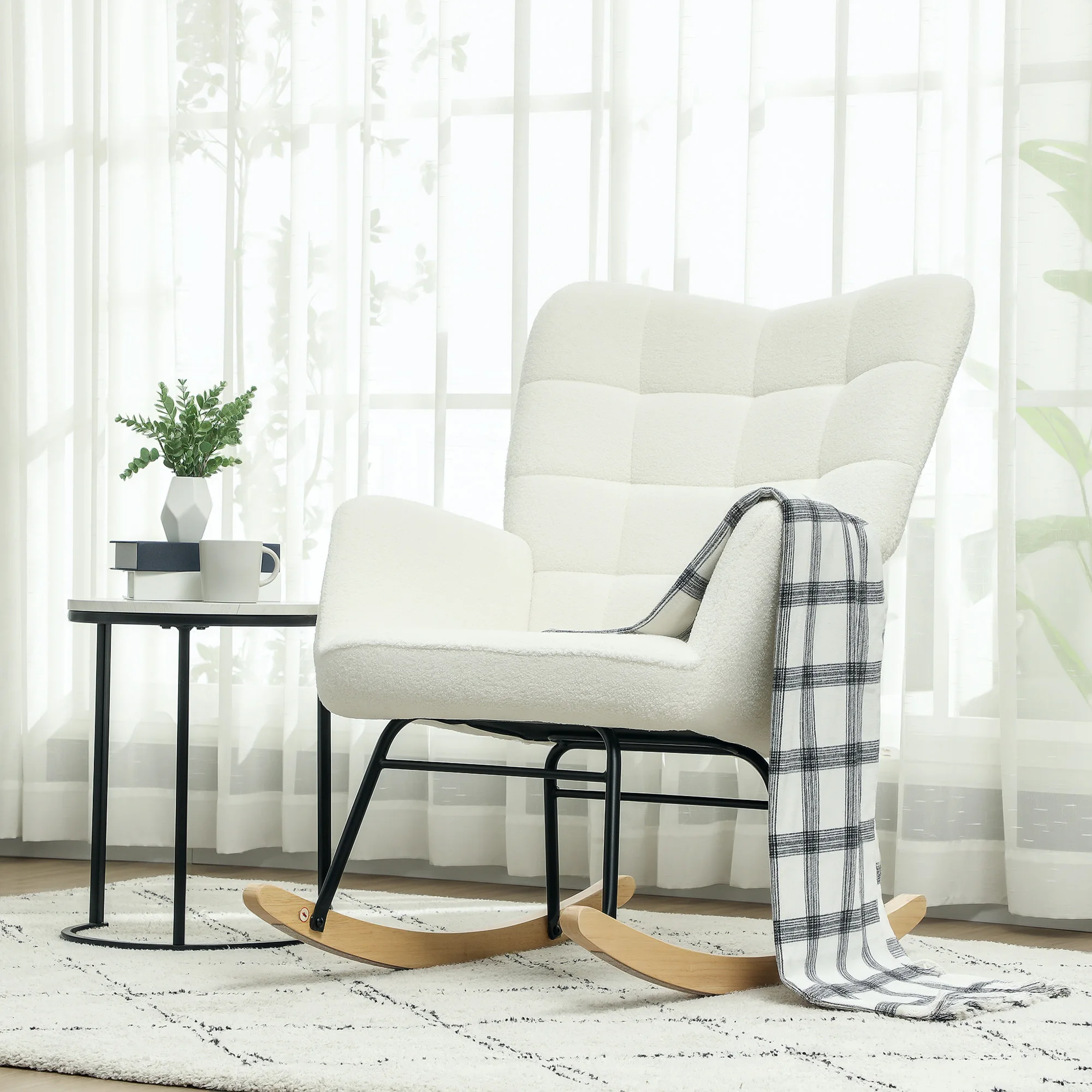 HOMCOM Schaukelstuhl, Schaukelsessel mit Lammfellimitat, Armlehne, Gepolsterter Sessel mit Hoher Rückenlehne, Holzkufen, Moderner Relaxsessel für Wohnzimmer, Schlafzimmer, bis 120kg,
