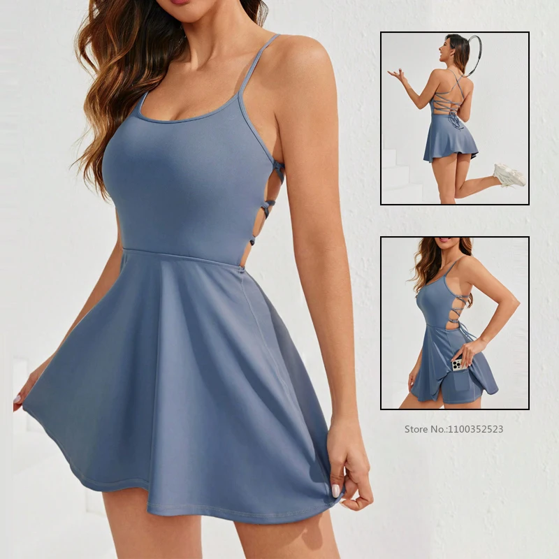 

Теннисное платье-комбинезон с шортами и вставками для груди, женское платье для гольфа, тренировочная юбка, без рукавов, быстросохнущее, с открытой спиной