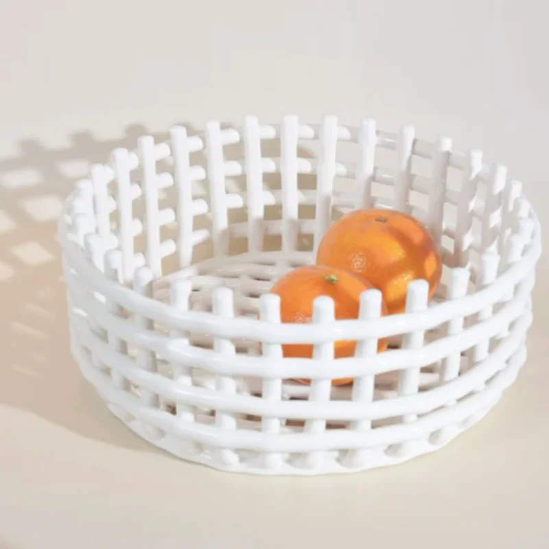 Woven Ceramic Storage Basket, Household Storage Tool, Hollowed Out Fruit Tray, Bathroom Storage Rack, Kitchen Drainage Basket