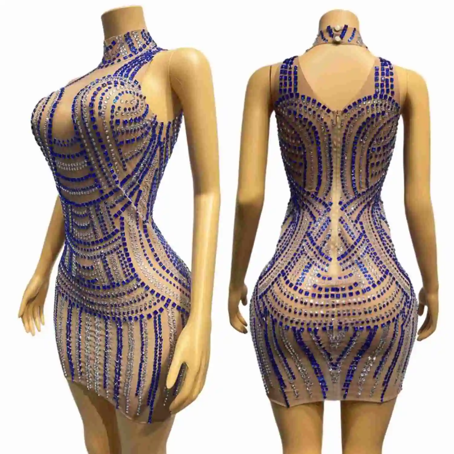 

Blue Whiter Crystals Sparkly Sleeveless Mini Dress Sexy See Through Mesh Tight Fitting Short Dress Celebrate Party Couture Lanba