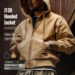 Maden Chaqueta Vintage J130 Pesada con Capucha de Tela de Lona Clásica con Cremallera y Dobladillo de Canalé Color Sólido Corto para Hombres Otoño Moda Urbana con Bolsillos
