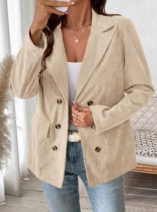 2025 Retro Commuting Casual Corduroy Suit Jacket, Autumn and Winter New Style, Lapel Double Row Buckle Commuting Suit Jacket