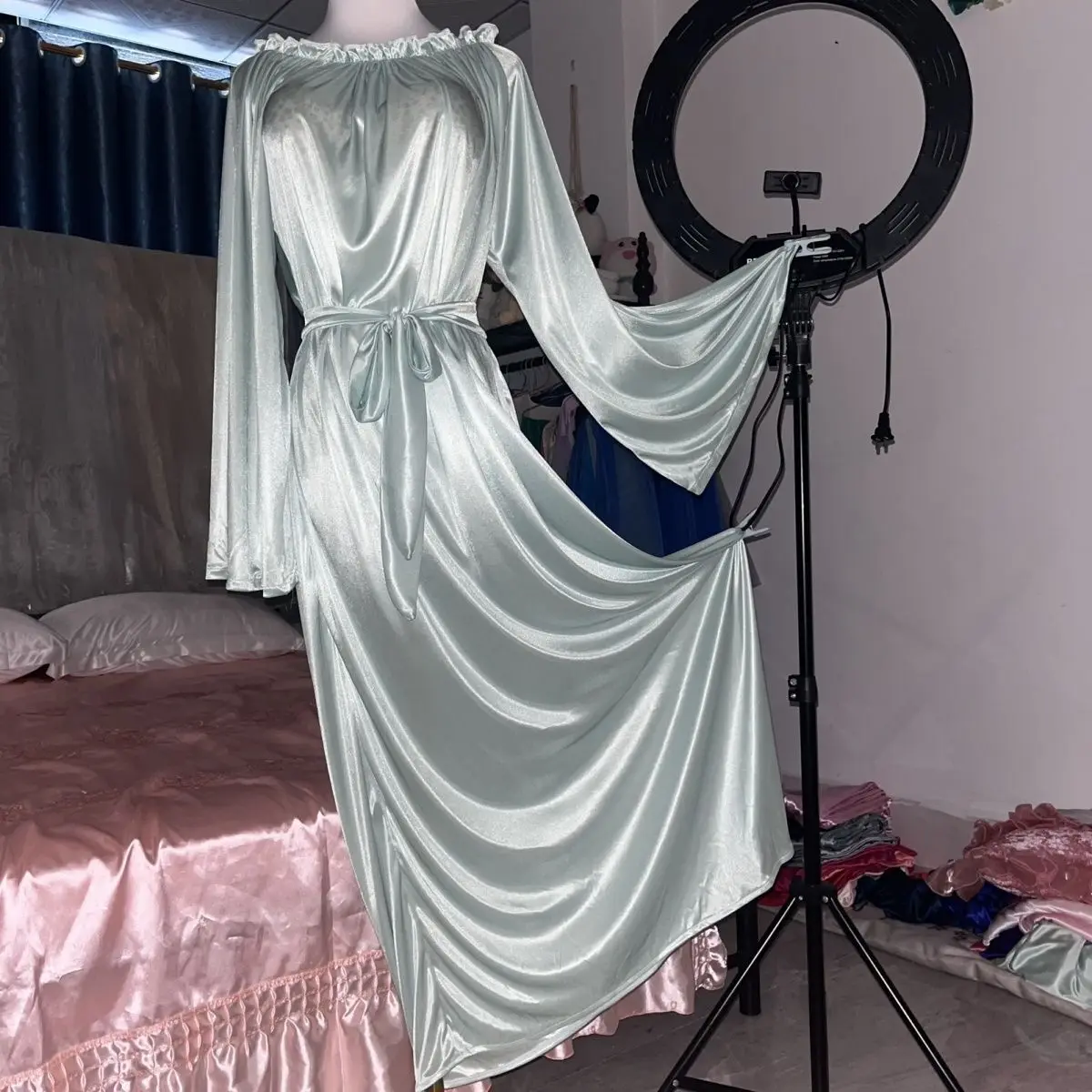 

Glossy Women Satin Long Dress Loose Pajamas Maxi Dress Pullover Elegant Dresses Sleeping Wear