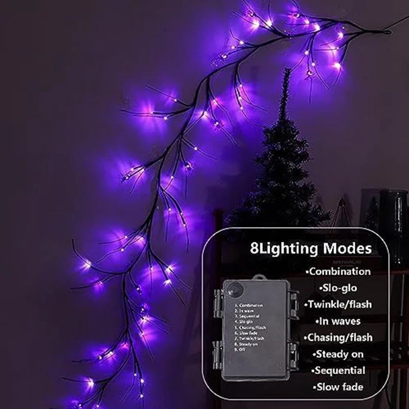 Halloween Vine String Lights, Cor preto e roxo com decoração de aranha, Decoração de árvore interior e exterior, Promoção
