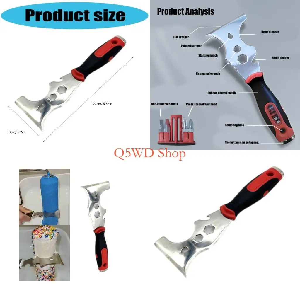 

Q5WD Ergonomic 16 in 1 Multipurpose Scraper Stainless Steel Blade Red Handle for DIY Projects Camping