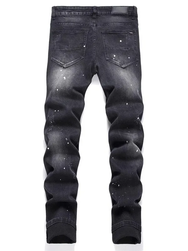 ファッショナブルでトレンディなメンズスリムフィットデニムジーンズ、リペアパッチ付き、伸縮性のあるカジュアルロングパンツ、ブラックホールデザイン、若者向け