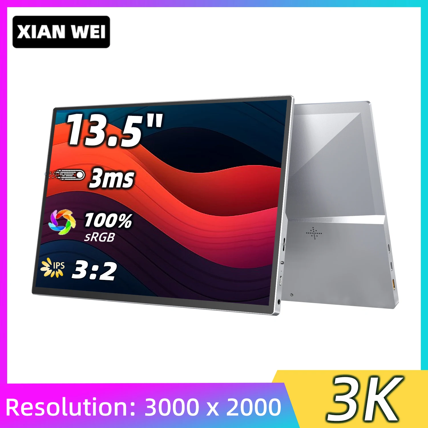 XIAN WEI 13.5 Inch 3K Portable Monitor 3:2 IPS Office Game External Display Screen USB C For Laptop Phone PC XBox PS4/5 Switch