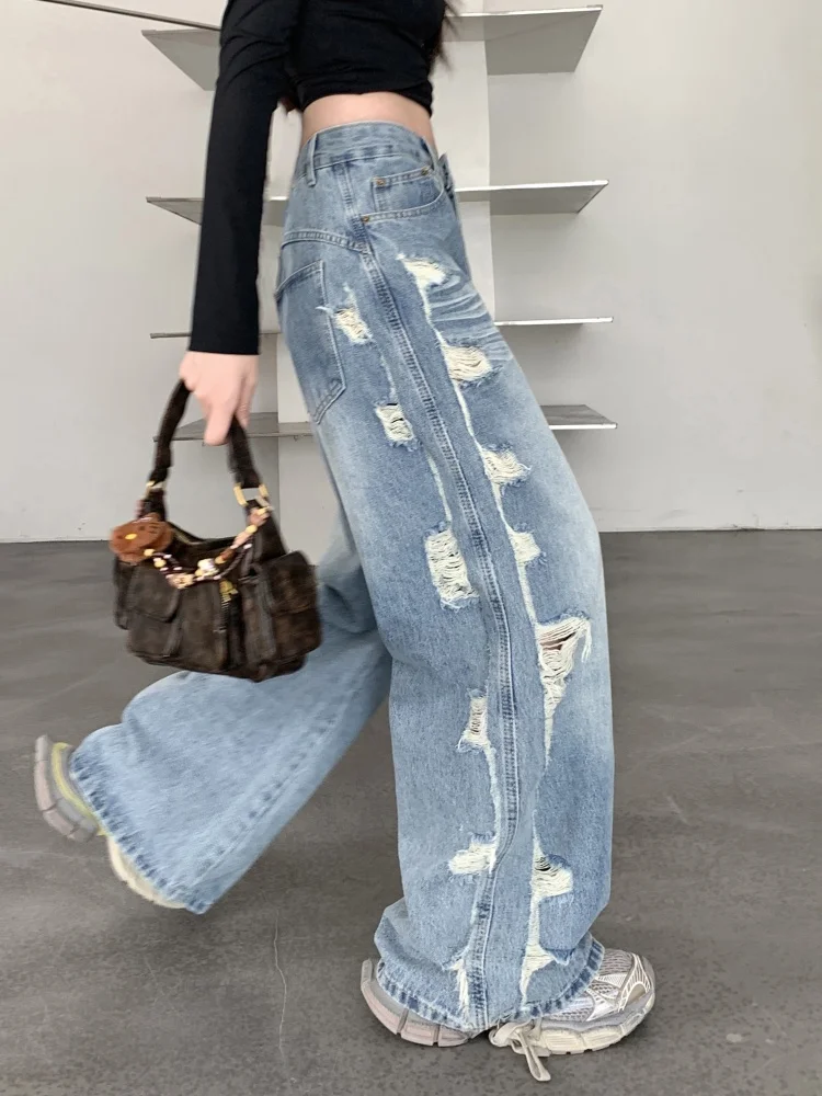 Loose Women's Jeans Denim Long Pants Washed Mid-Waist Micro-Elastic American Retro Hole Wide Leg Summer Trendy