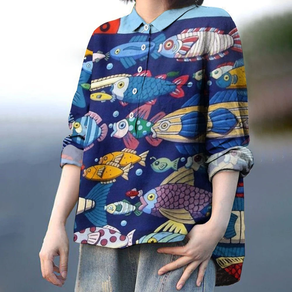 

Ocean Fish Print Blue Casual Daily Commuting Women's Shirt Oversized Top Long Sleeves Versatile Style Outfits Spring & Summer