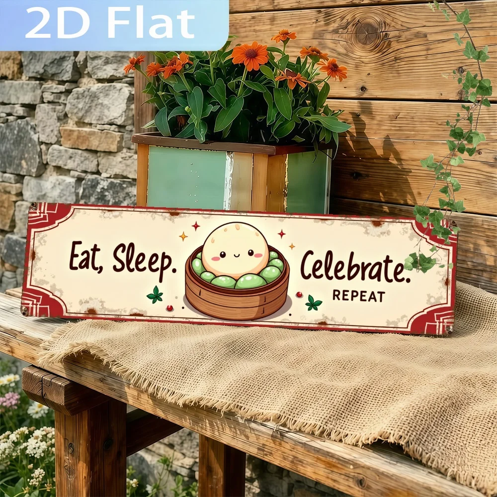 2D Flat, Vintage Cute Tangyuan, Words 'Eat, Sleep. Celebrate. REPEAT' Metal Sign -, UV Printed Wall Art, Durable Decoration