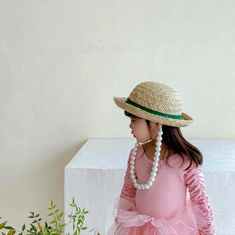 Brand New Handmade Children's Straw Woven Sun Hat Beach Hat Panama Hat Large Pearl Chain Hollow Straw Curled Straw Hat