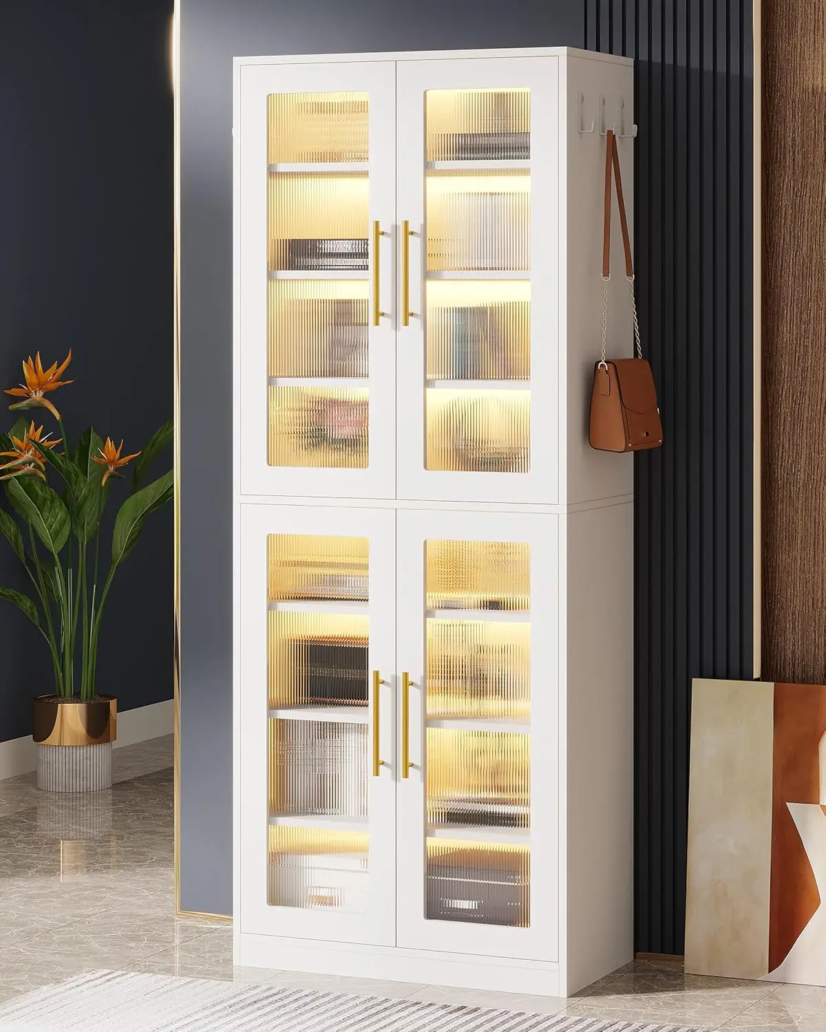 

Белый книжный шкаф с дверцами и LED-подсветкой, высотой 67 дюймов, с 8 регулируемыми полками и крючками для подвешивания, отдельно стоящий