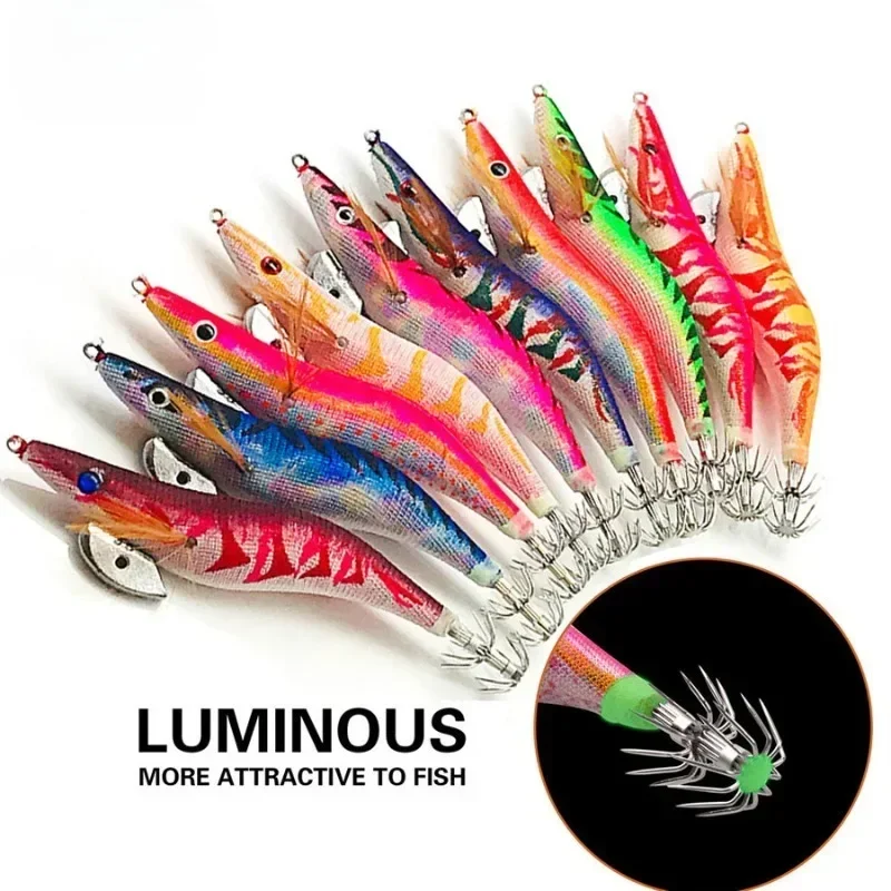 1PC Cuttlefish Jig Wobblers Wooden Shrimp/Fishing/Trout Lures Set Jigging Wood Squid Hard Artificial Bait Luminous Sea Bass