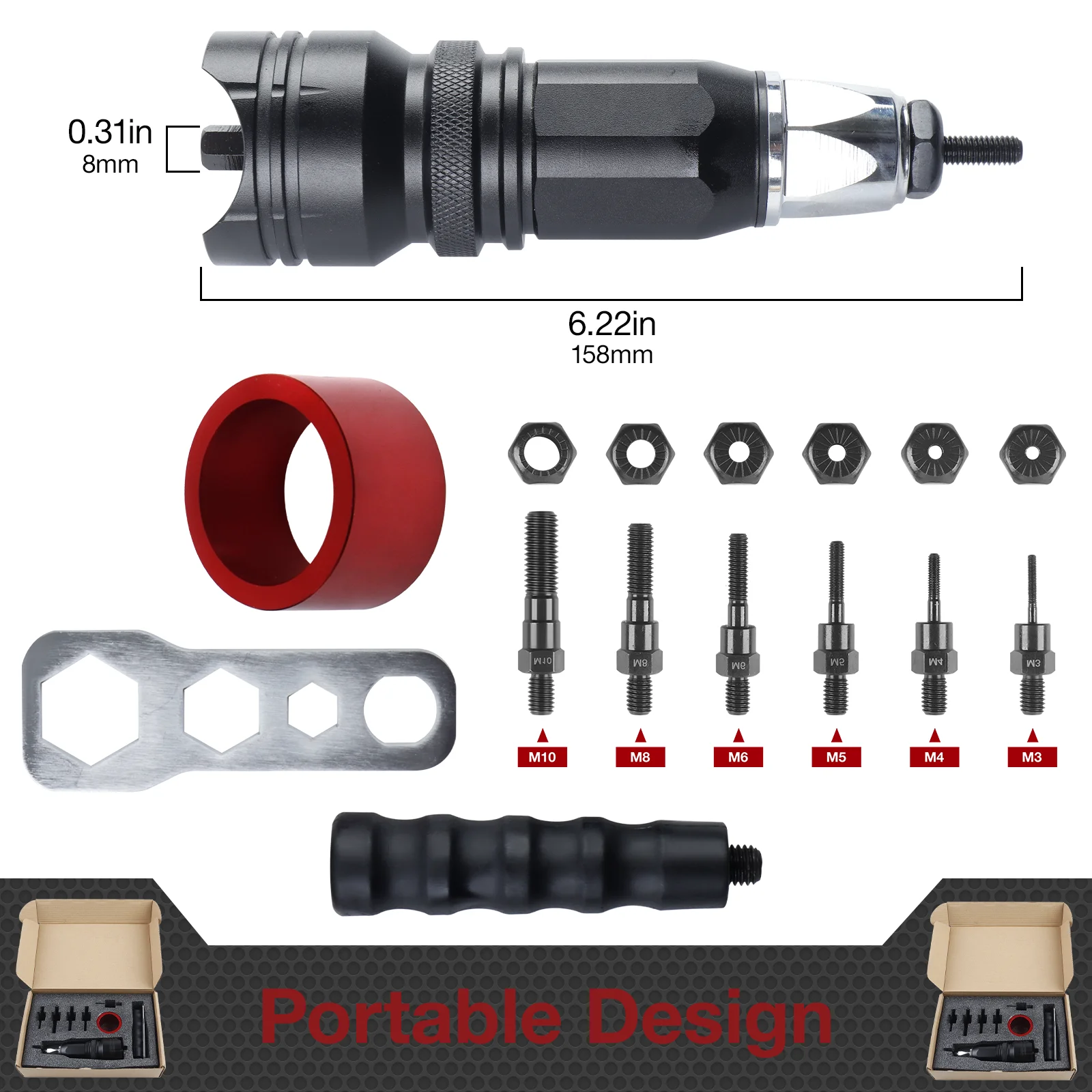 Labor-Saving Electric Rivet Nut Tool Plug-in Nut Quick Riveting Compatible with Cordless Drill for DIY Household with 6 Mandrels