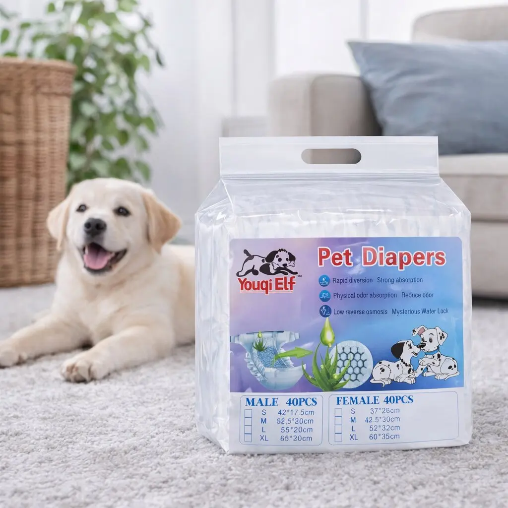 Fraldas Descartáveis para Cães Youqi Elf com Essência de Aloe Vera, 40 Peças, Removem Eficazmente o Odor da Urina, e a Camada Superficial Levemente Ácida Protege Melhor a Pele do Cão