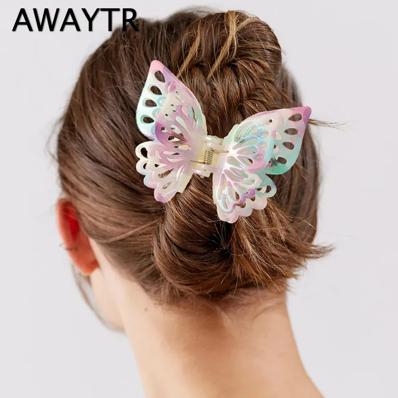 Women Hairpin Clip Gradient Tie-Dye Acetate Hair Claw Hollow Butterfly Hairpin Hair Clip Girls Hair Accessories