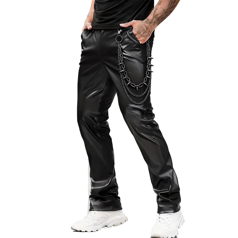 Men's Fashion Gothic Leather Pants Punk Style Faux Leather Motorcycle Trousers With Chain Accent Trendy Biker Riding Pants